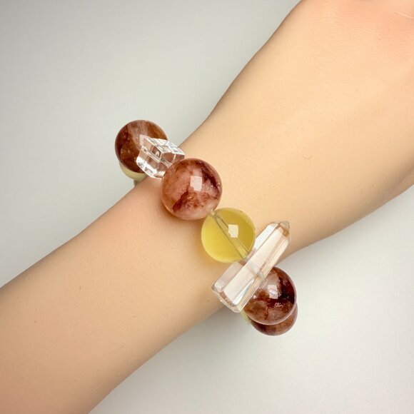 Bold 15mm honey-tone gemstone bracelet featuring Yellow Phantom, Cherry Quartz, - Picture 6 of 10